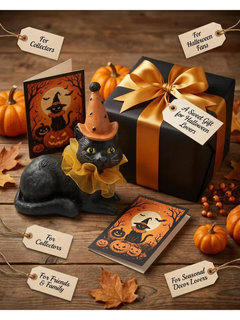 Black Cat Witch Figurine Halloween Resin Spooky Cute Tabletop Décor